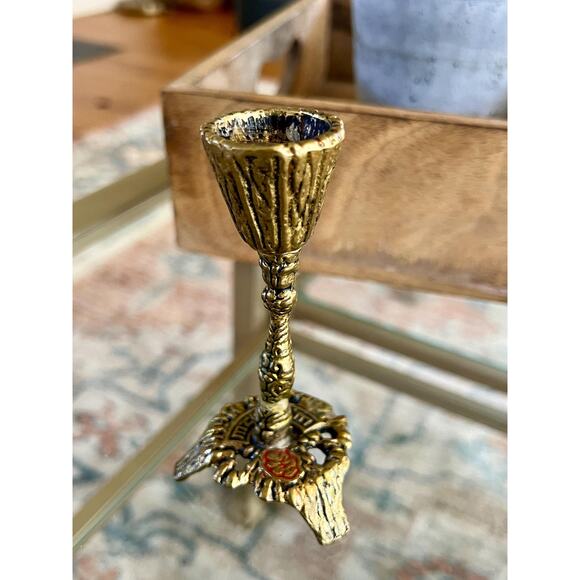 Vtg Mid Century Judaica Brass Brutalist Shabbat Candle Holder - Picture 4 of 10